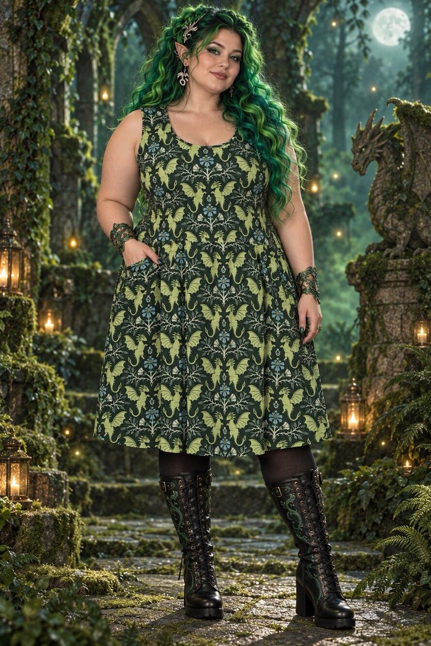 Svaha USA 3XL Organic Cotton Dragon Print Pocket Dress Green Whimsigoth